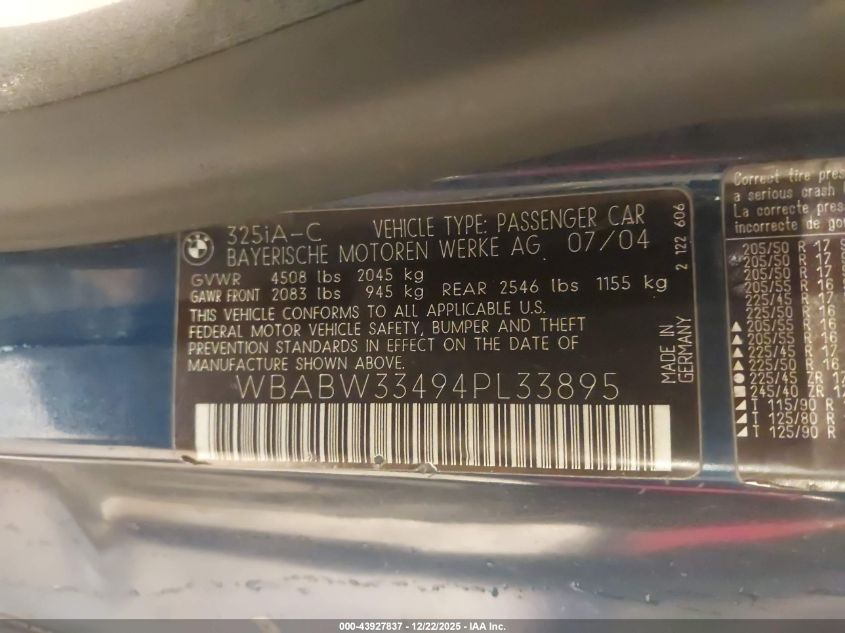 2004 BMW 325Ci VIN: WBABW33494PL33895 Lot: 43927837