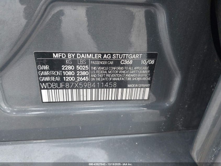 2009 Mercedes-Benz E 350 4Matic VIN: WDBUF87X59B411458 Lot: 43927843