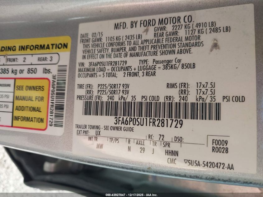 2015 Ford Fusion Energi Titanium VIN: 3FA6P0SU1FR281729 Lot: 43927847