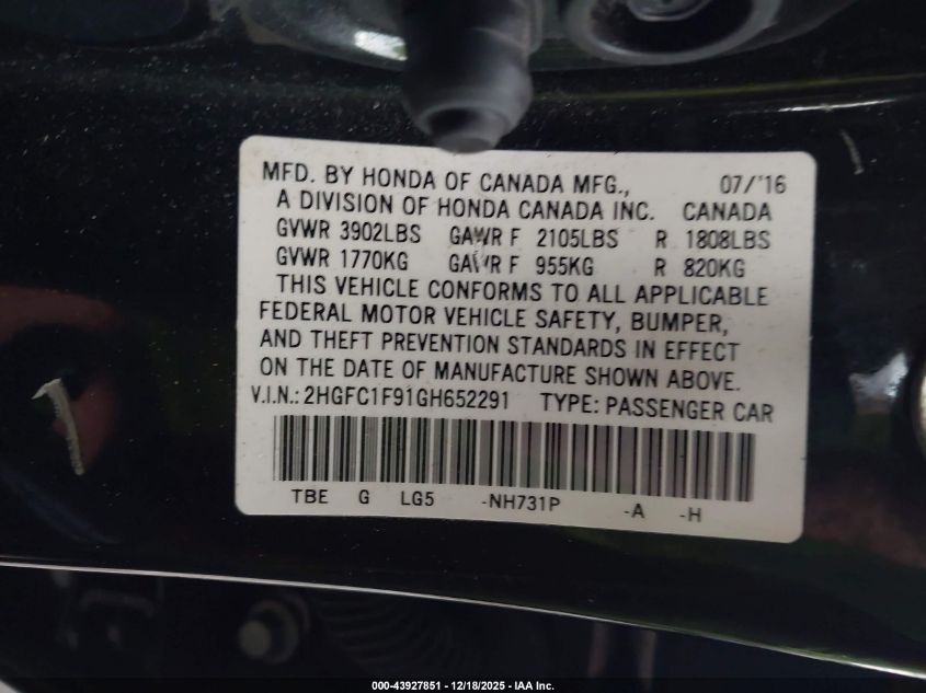 2016 Honda Civic Touring VIN: 2HGFC1F91GH652291 Lot: 43927851