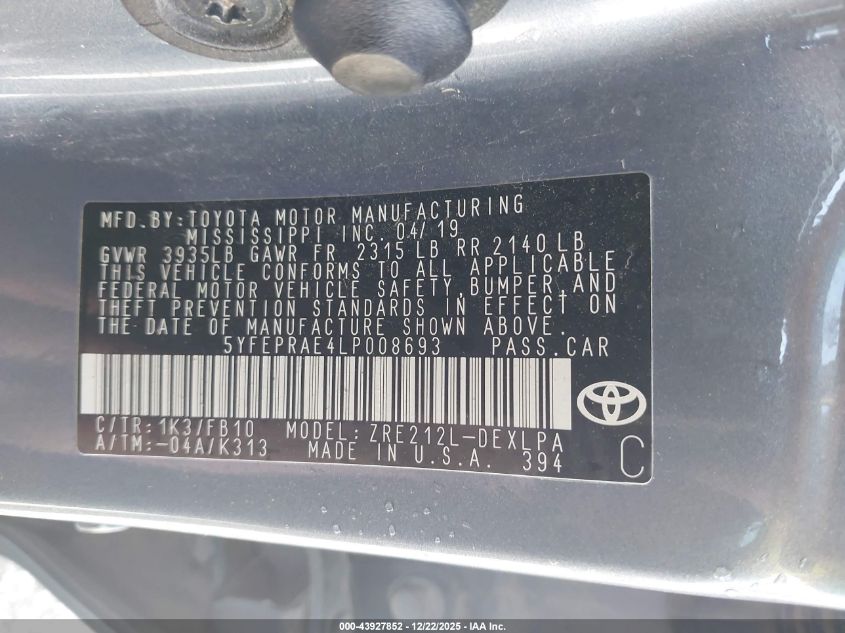 2020 Toyota Corolla Le VIN: 5YFEPRAE4LP008693 Lot: 43927852