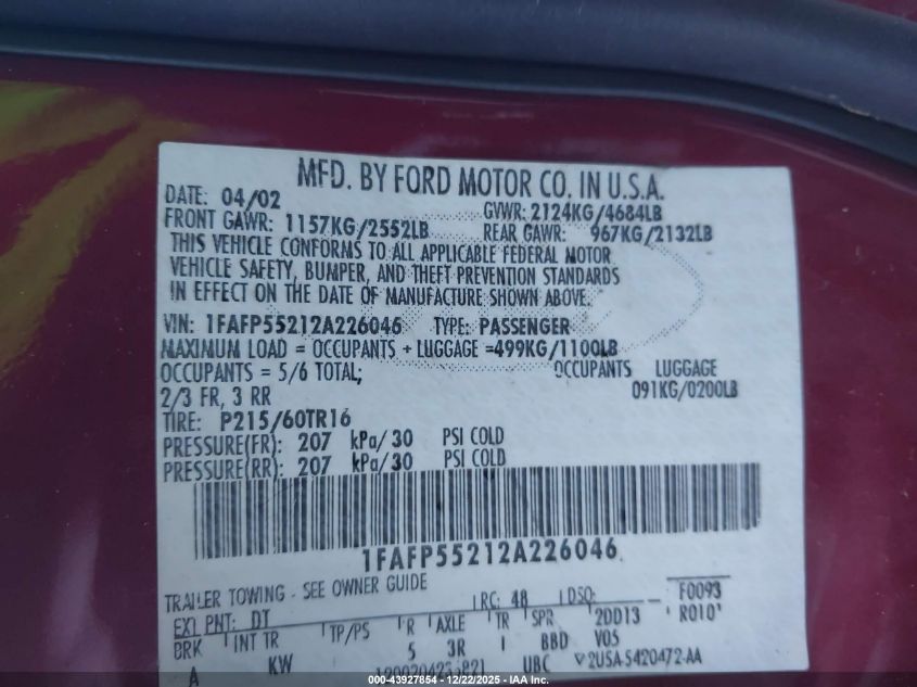 2002 Ford Taurus Ses VIN: 1FAFP55212A226046 Lot: 43927854