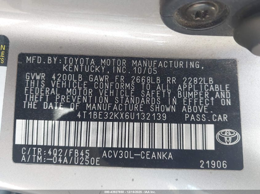 2006 Toyota Camry Le VIN: 4T1BE32KX6U132139 Lot: 43927858