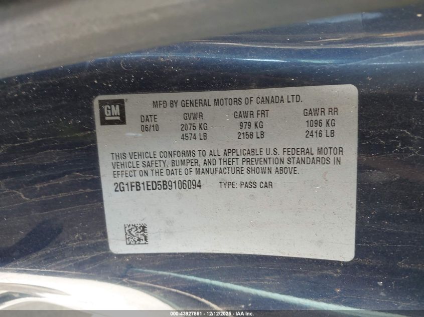 2011 Chevrolet Camaro 1Lt VIN: 2G1FB1ED5B9106094 Lot: 43927861