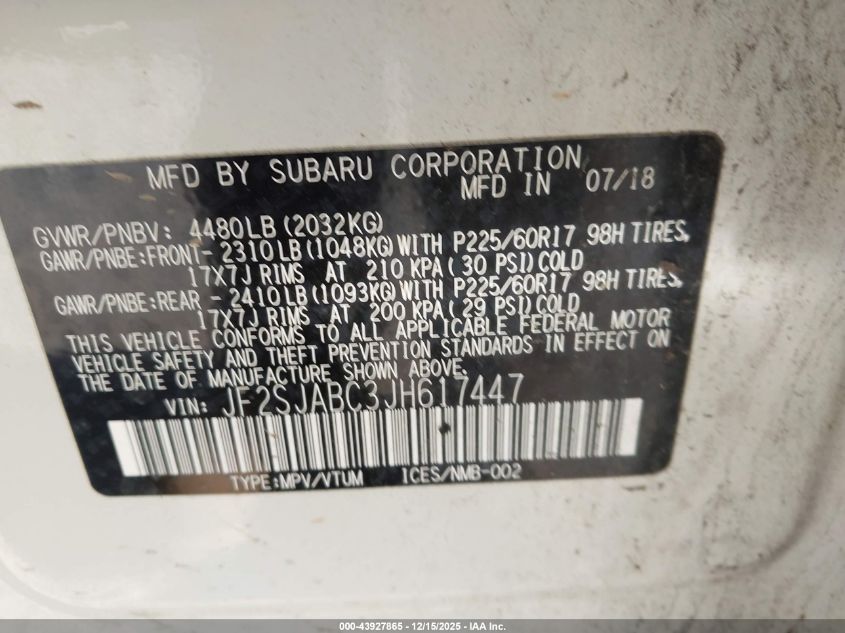 2018 Subaru Forester 2.5I VIN: JF2SJABC3JH617447 Lot: 43927865