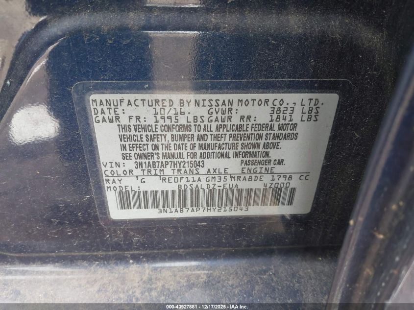 2017 Nissan Sentra Sv VIN: 3N1AB7AP7HY215043 Lot: 43927881