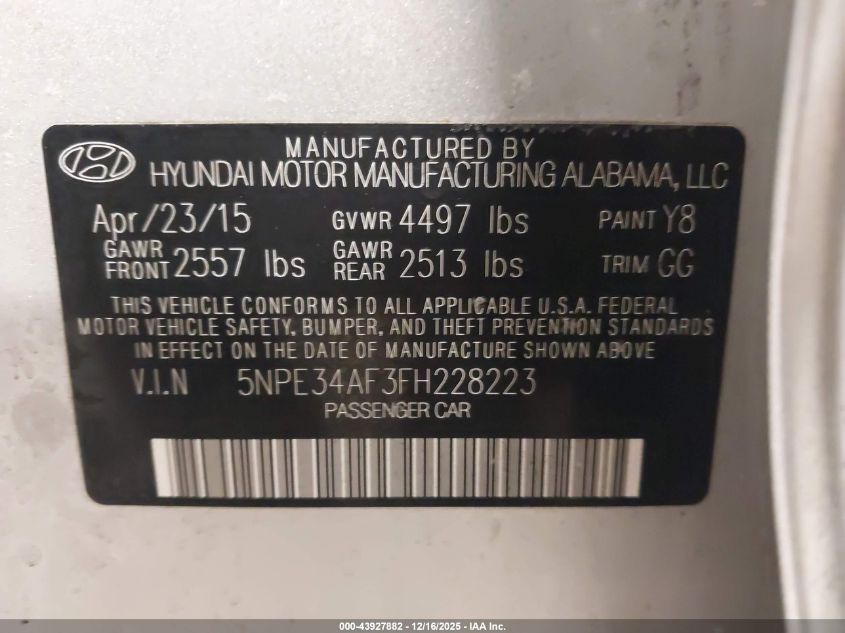 2015 Hyundai Sonata Sport VIN: 5NPE34AF3FH228223 Lot: 43927882