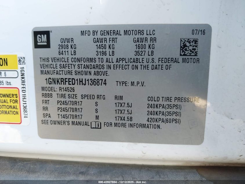 2017 Chevrolet Traverse Ls VIN: 1GNKRFED1HJ136874 Lot: 43927884