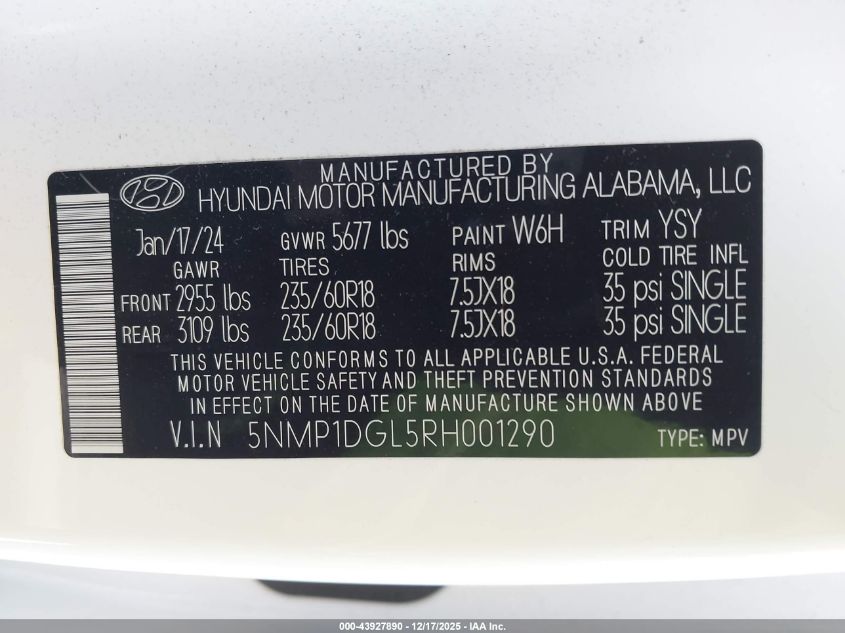 2024 Hyundai Santa Fe Se VIN: 5NMP1DGL5RH001290 Lot: 43927890