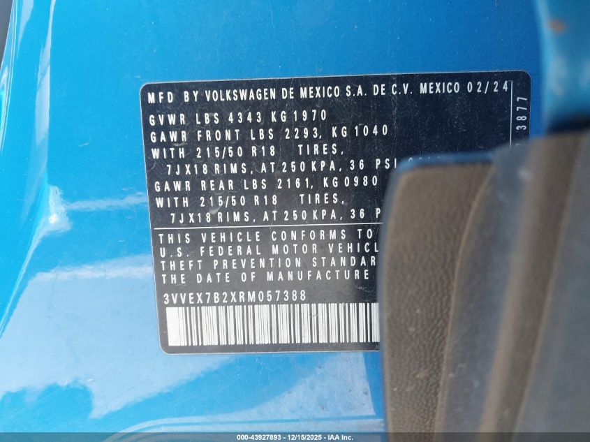 2024 Volkswagen Taos 1.5T Se VIN: 3VVEX7B2XRM057388 Lot: 43927893