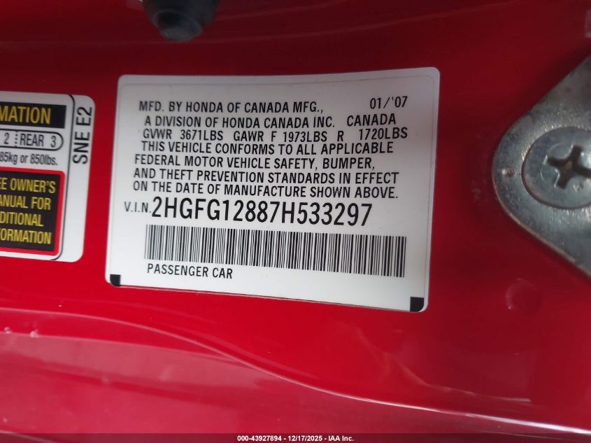 2007 Honda Civic Lx VIN: 1HGFA16587L061851 Lot: 43927894