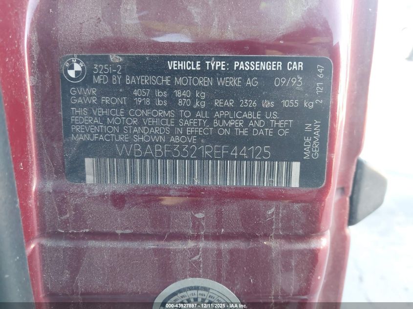 1994 BMW 325 Is VIN: WBABF3321REF44125 Lot: 43927897