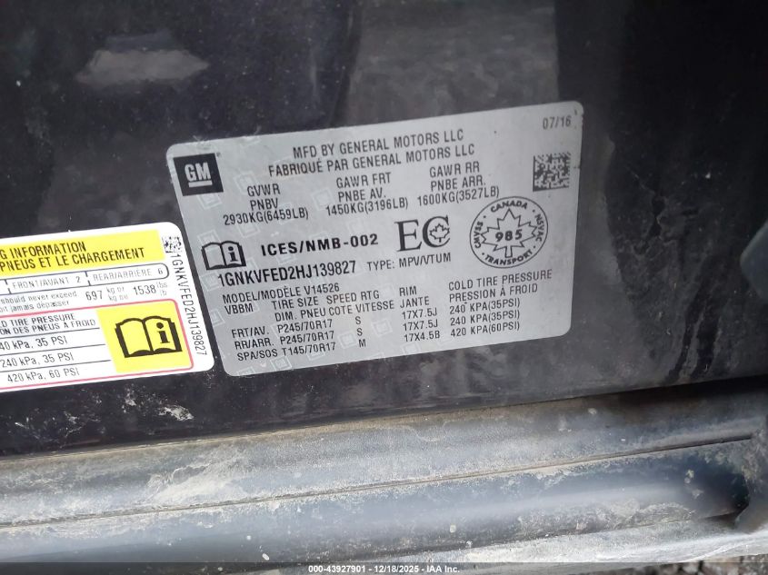 2017 Chevrolet Traverse Ls VIN: 1GNKVFED2HJ139827 Lot: 43927901
