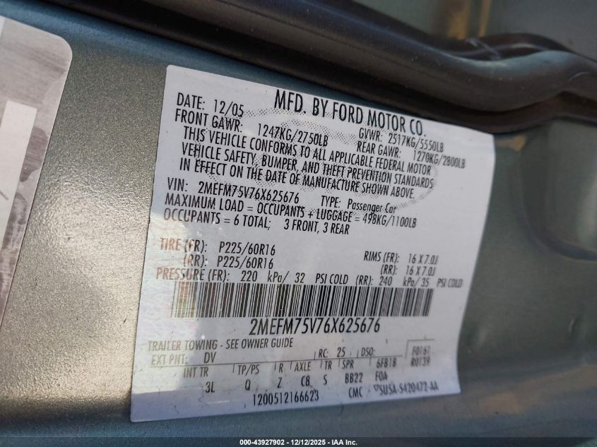 2006 Mercury Grand Marquis Ls VIN: 2MEFM75V76X625676 Lot: 43927902