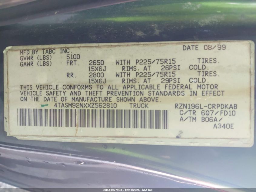 1999 Toyota Tacoma Prerunner VIN: 4TASM92NXXZ562810 Lot: 43927903