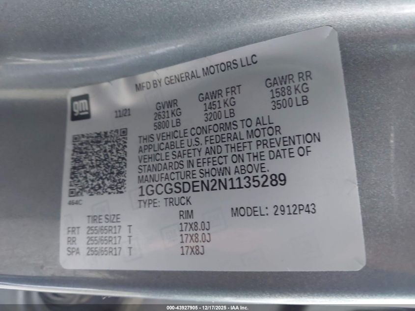 2022 Chevrolet Colorado 2Wd Short Box Z71 VIN: 1GCGSDEN2N1135289 Lot: 43927905