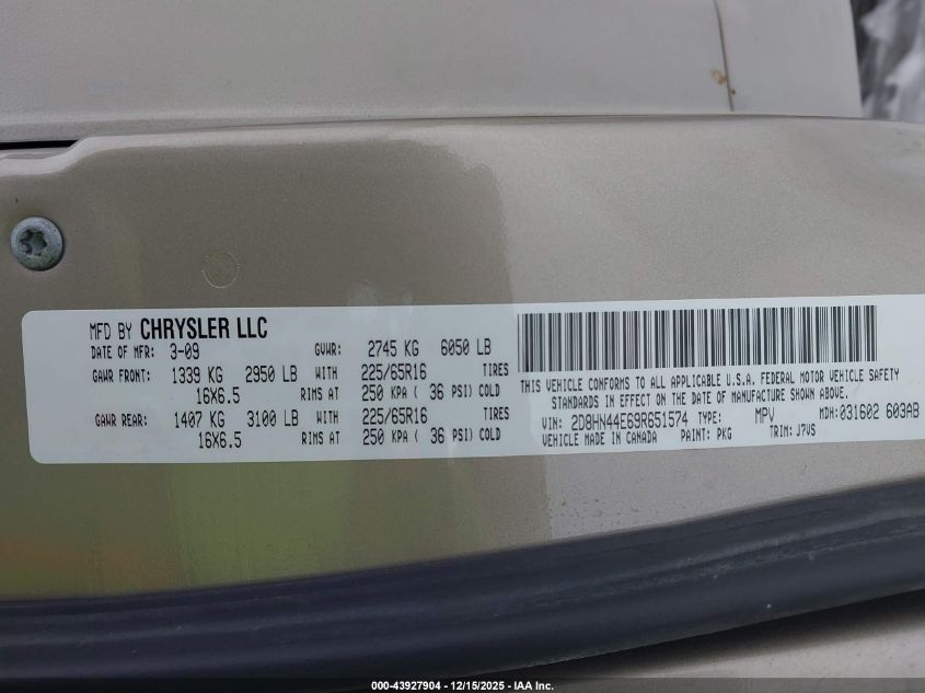 2009 Dodge Grand Caravan Se VIN: 2D8HN44E69R651574 Lot: 43927904