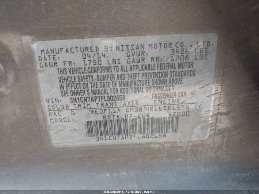 2015 Nissan Versa 1.6 Sv VIN: 3N1CN7AP7FL802658 Lot: 43927914