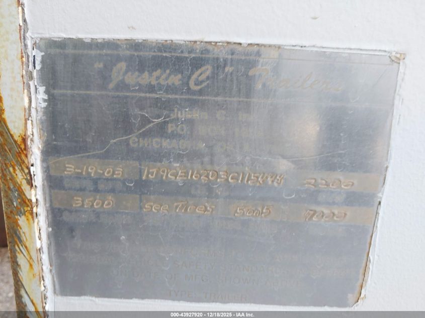 2003 Justin C. Inc 7X16 Enclosed VIN: 1J9CE16203C115444 Lot: 43927920