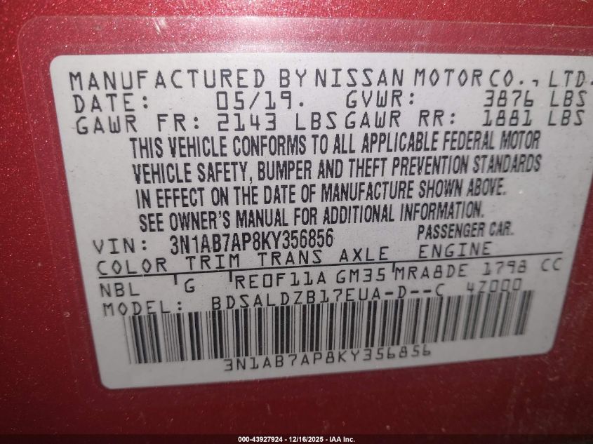 2019 Nissan Sentra Sv VIN: 3N1AB7AP8KY356856 Lot: 43927924