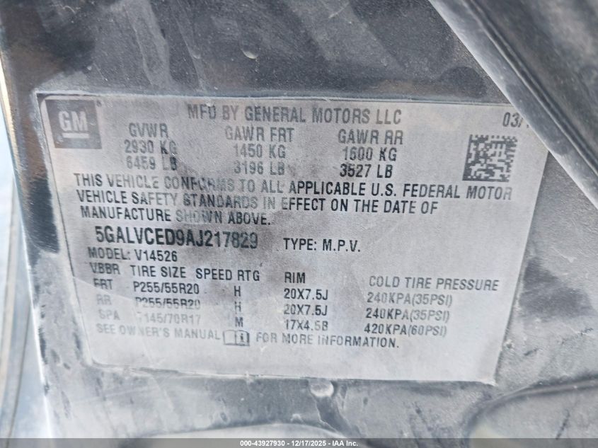 2010 Buick Enclave 2Xl VIN: 5GALVCED9AJ217829 Lot: 43927930