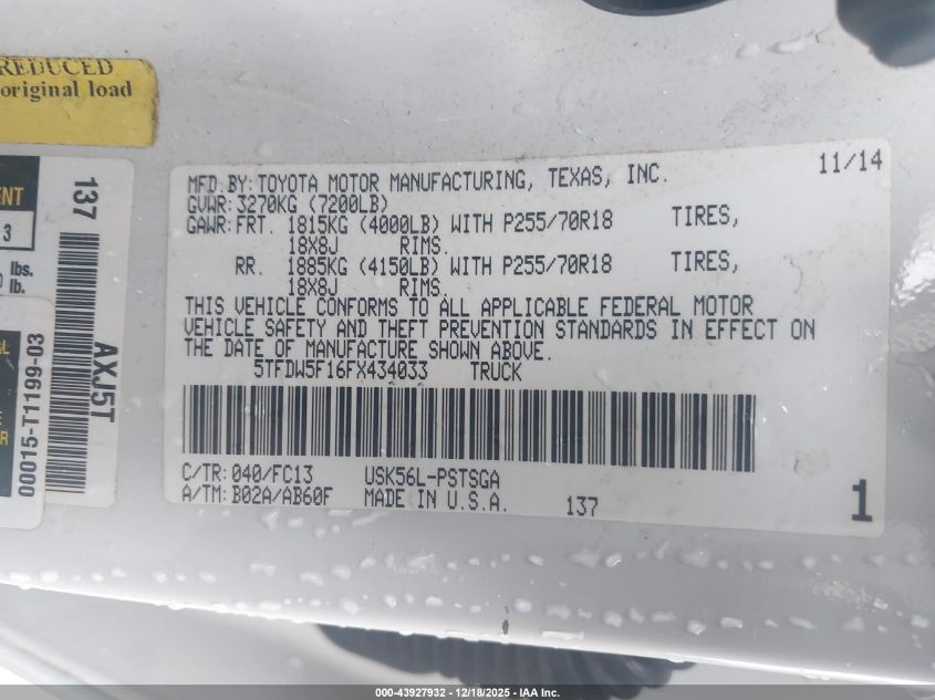 2015 Toyota Tundra Sr5 5.7L V8 VIN: 5TFDW5F16FX434033 Lot: 43927932