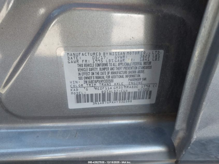 2017 Nissan Sentra Sv VIN: 3N1AB7APXHY330588 Lot: 43927939