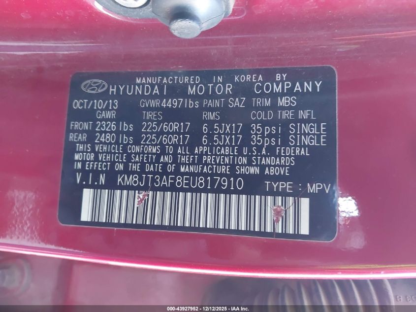 2014 Hyundai Tucson Gls VIN: KM8JT3AF8EU817910 Lot: 43927952
