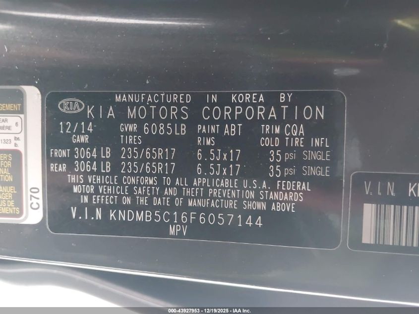 2015 Kia Sedona Lx VIN: KNDMB5C16F6057144 Lot: 43927953
