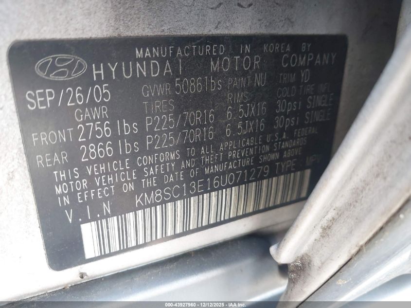 2006 Hyundai Santa Fe Gls/Limited VIN: KM8SC13E16U071279 Lot: 43927960