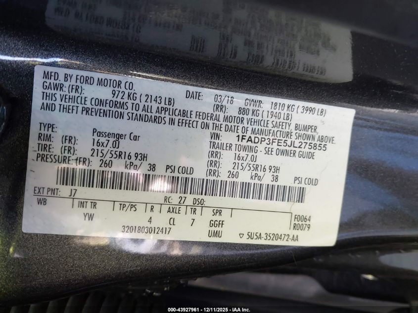 2018 Ford Focus Se VIN: 1FADP3FE5JL275855 Lot: 43927961