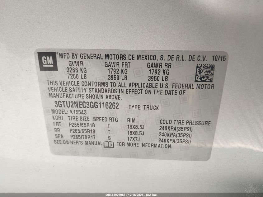 2016 GMC Sierra 1500 Slt VIN: 3GTU2NEC3GG116262 Lot: 43927968