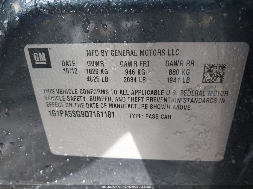 2013 Chevrolet Cruze Ls Auto VIN: 1G1PA5SG9D7161181 Lot: 43927973