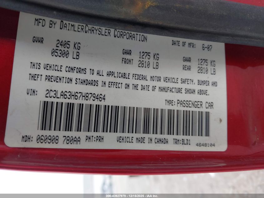 2007 Chrysler 300C VIN: 2C3LA63H67H879464 Lot: 43927979