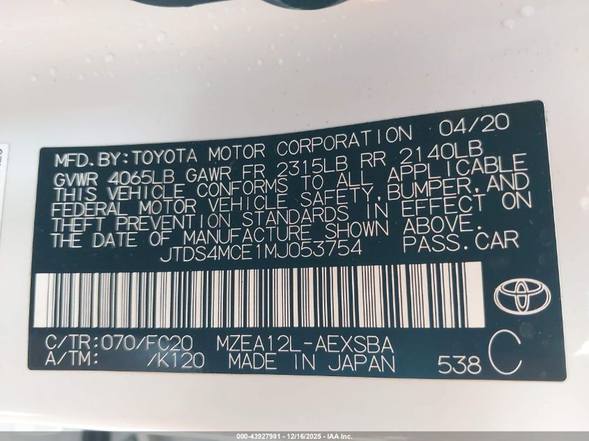 2021 Toyota Corolla Se VIN: JTDS4MCE1MJ053754 Lot: 43927981