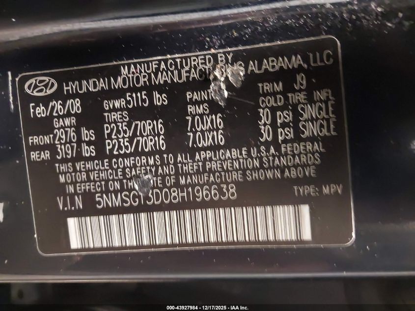 2008 Hyundai Santa Fe Gls VIN: 5NMSG13D08H196638 Lot: 43927984