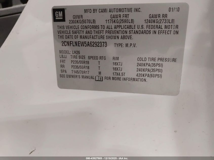 2010 Chevrolet Equinox Lt VIN: 2CNFLNEW5A6292373 Lot: 43927989