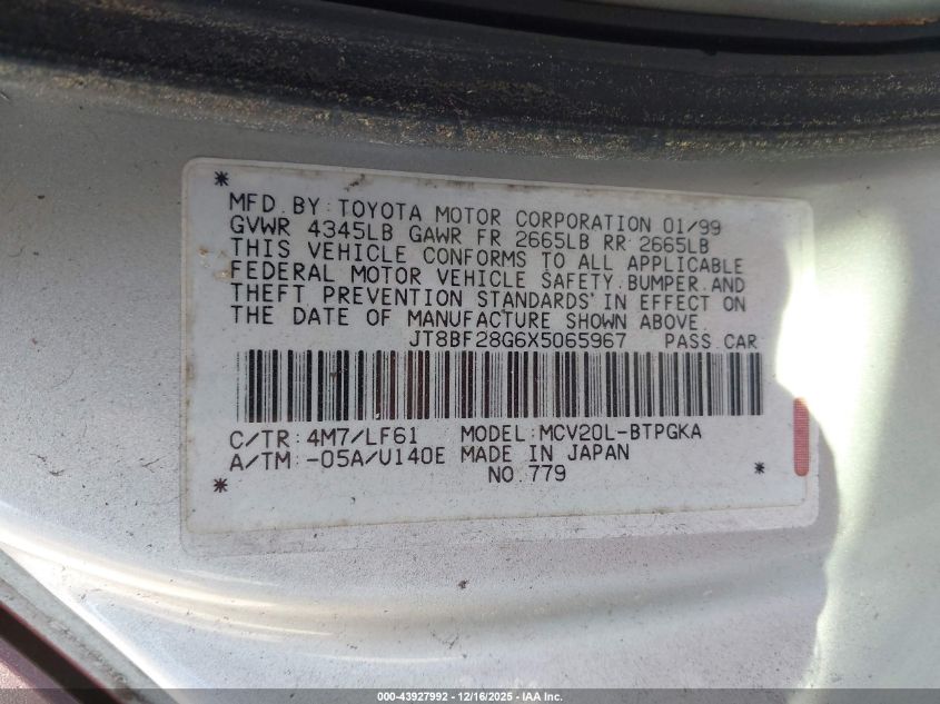 1999 Lexus Es 300 VIN: JT8BF28G6X5065967 Lot: 43927992