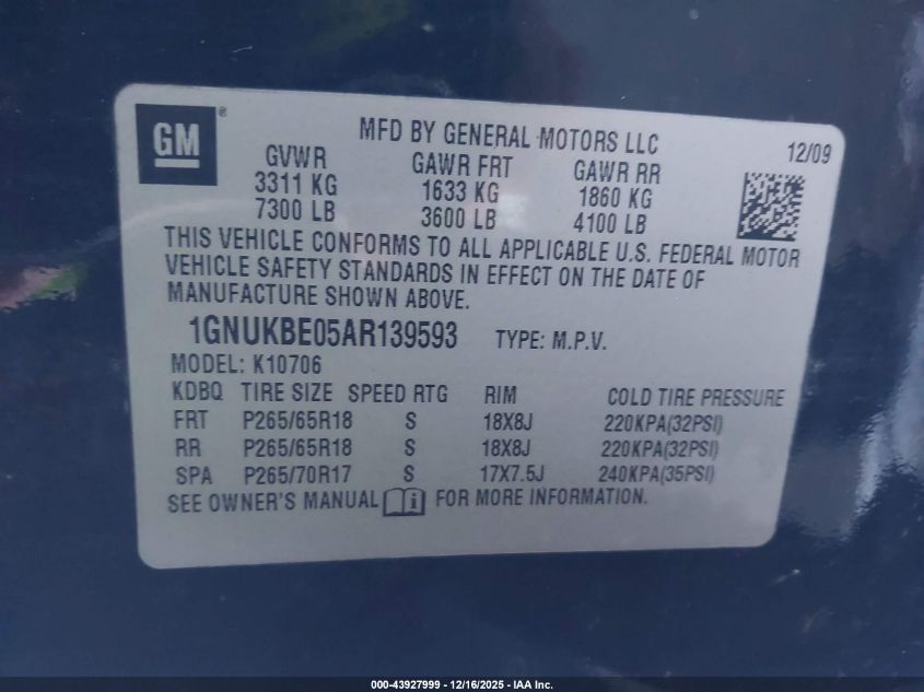 2010 Chevrolet Tahoe Lt VIN: 1GNUKBE05AR139593 Lot: 43927999