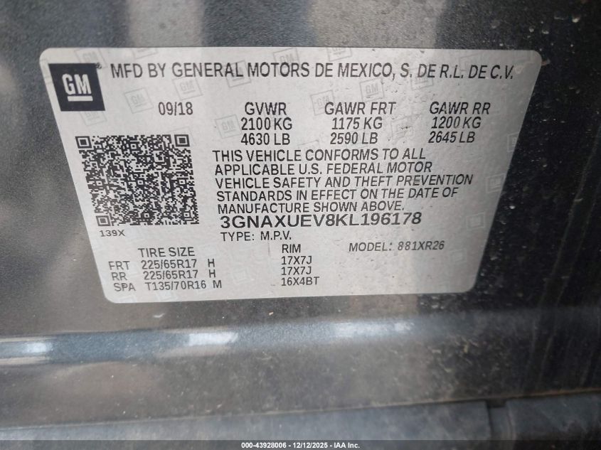 2019 Chevrolet Equinox Lt VIN: 3GNAXUEV8KL196178 Lot: 43928006