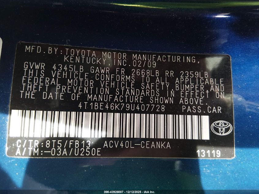 2009 Toyota Camry Le VIN: 4T1BE46K79U407728 Lot: 43928007