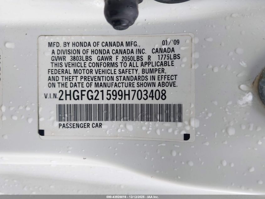 2009 Honda Civic Si VIN: 2HGFG21599H703408 Lot: 43928016