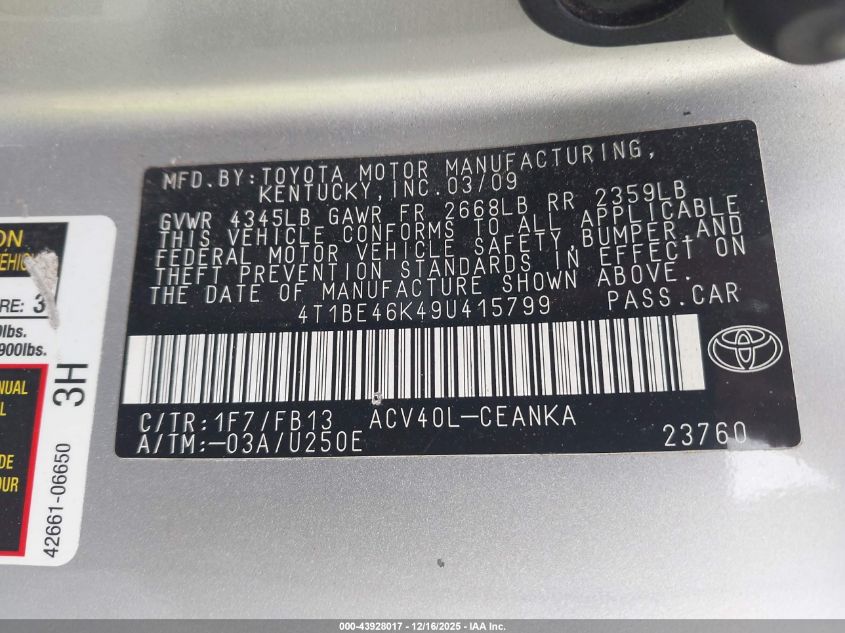 2009 Toyota Camry Le VIN: 4T1BE46K49U415799 Lot: 43928017