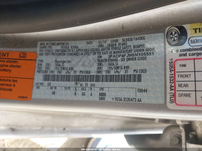 2011 Ford Fiesta Ses VIN: 3FADP4FJ9BM105551 Lot: 43928019