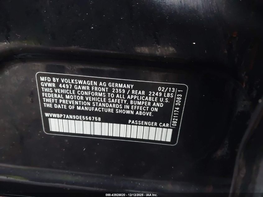 2013 Volkswagen Cc 2.0T R-Line VIN: WVWBP7AN9DE556758 Lot: 43928020