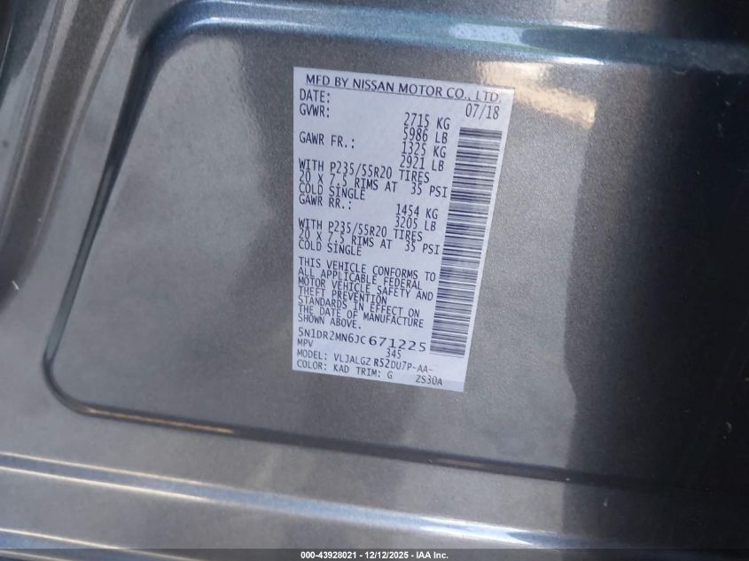 2018 Nissan Pathfinder Sl VIN: 5N1DR2MN6JC671225 Lot: 43928021