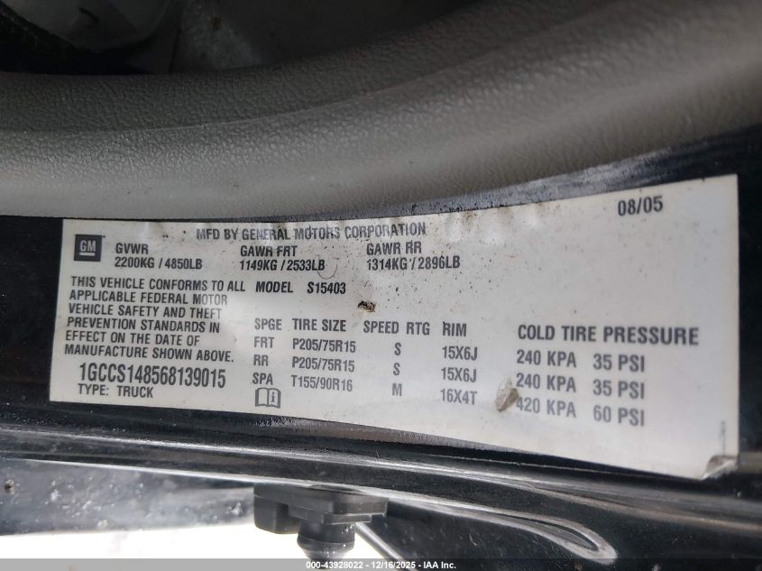 2006 Chevrolet Colorado Work Truck VIN: 1GCCS148568139015 Lot: 43928022