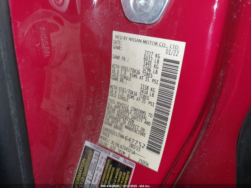 2022 Nissan Frontier King Cab S 4X2 VIN: 1N6ED1CL7NN647752 Lot: 43928025