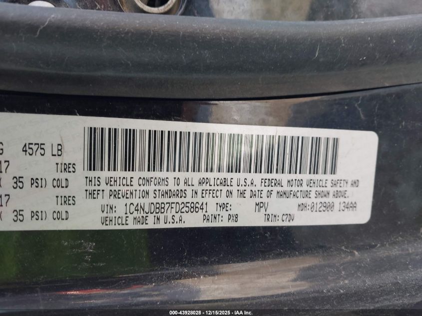 2015 Jeep Compass Sport VIN: 1C4NJDBB7FD258641 Lot: 43928028