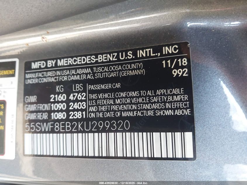 2019 Mercedes-Benz C 300 4Matic VIN: 55SWF8EB2KU299320 Lot: 43928030